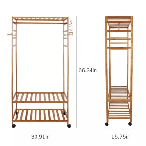 Bamboo Garment Rack with Wheels, Clothing Rack for Hanging Clothes with Hooks, Multi-functional Bedroom Clothes Rack - Image 6