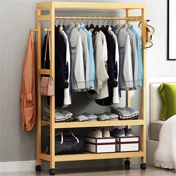 Bamboo Garment Rack with Wheels, Clothing Rack for Hanging Clothes with Hooks, Multi-functional Bedroom Clothes Rack - Image 7