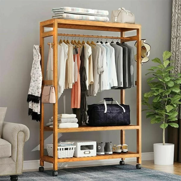 Bamboo Garment Rack with Wheels, Clothing Rack for Hanging Clothes with Hooks, Multi-functional Bedroom Clothes Rack - Image 1