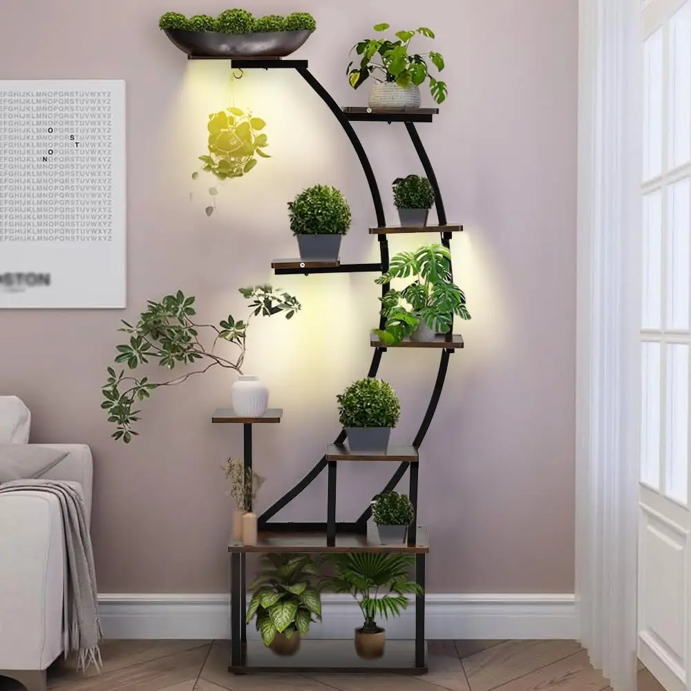 Black Plant Stand with Grow Light for Indoor Plants 9 Tiered Metal Plant Shelf  60" Black  Holder Display Rack for Home Balcony - Image 3