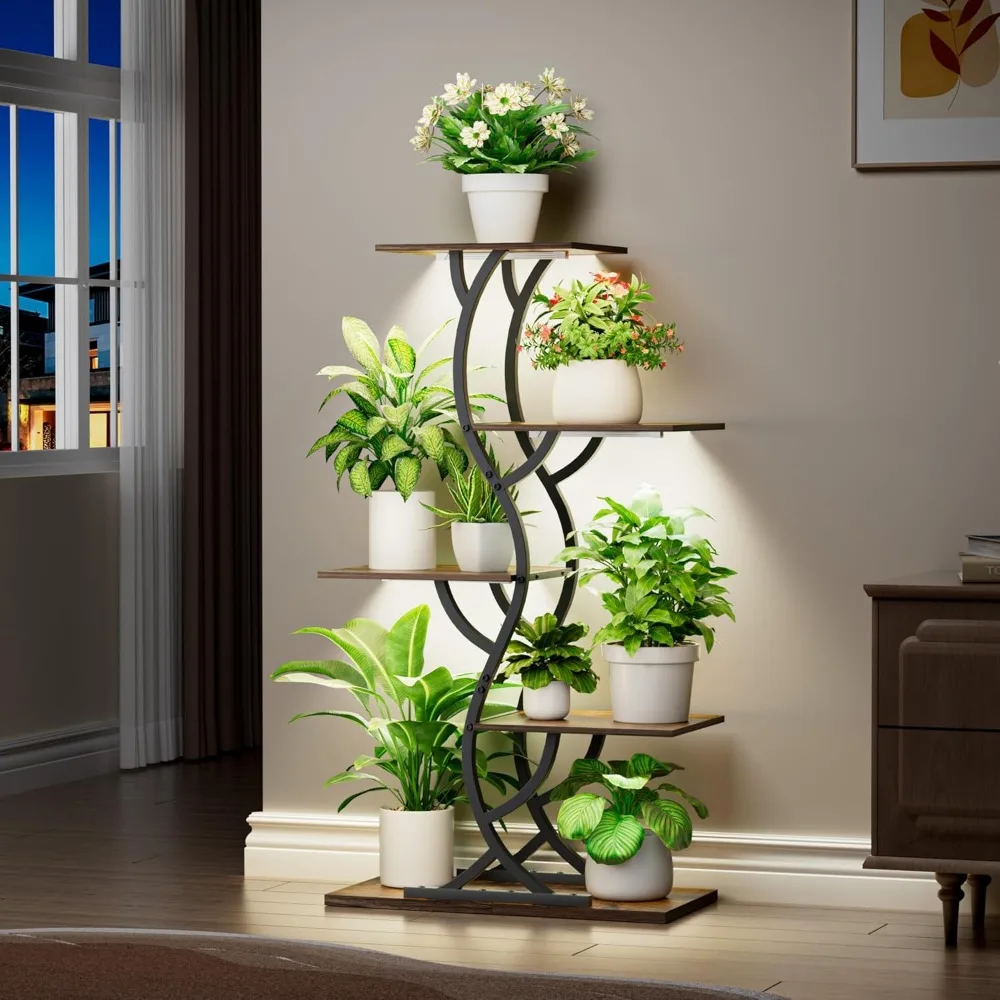 Indoor 5-Tier Curved Metal Plant Stand for Tall Plants with Grow Lights - Image 2