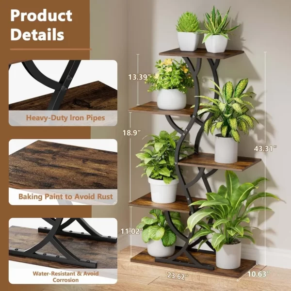 Indoor 5-Tier Curved Metal Plant Stand for Tall Plants with Grow Lights - Image 6