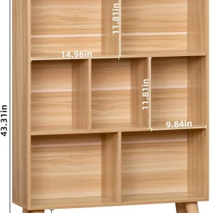 Wooden 7 Cube Book Shelf, Natural 3 Tier Bookshelf with Legs, Modern Open Storage Organizer,Boho Bookcase,Display Cabinet Shelf - Image 2