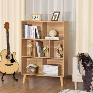 Wooden 7 Cube Book Shelf, Natural 3 Tier Bookshelf with Legs, Modern Open Storage Organizer,Boho Bookcase,Display Cabinet Shelf - Image 6