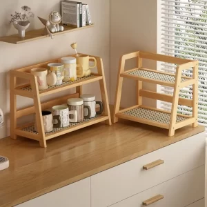 Wooden Storage Shelf for Kitchen Rattan Desktop Organizer Display Rack Spice Rack for Countertop Makeup Organizer - Image 3